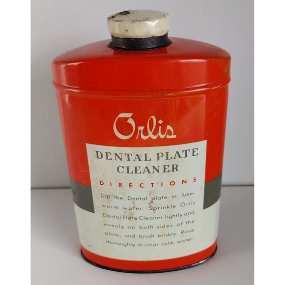 Vintage Orlis Orange Tin Can Full Denture Plate Cleaner for False Teeth - Picture 2 of 4